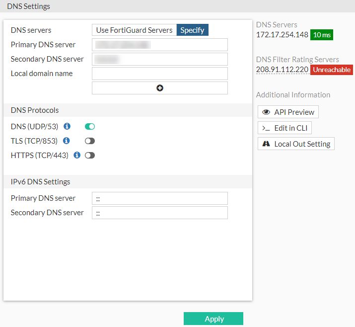DNS Settings FortiProxy 7.2.0